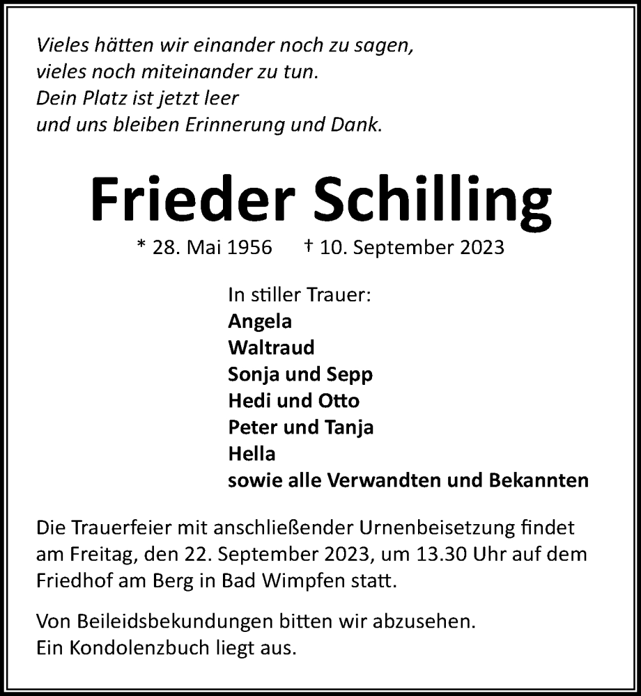  Traueranzeige für Frieder Schilling vom 19.09.2023 aus GESAMT