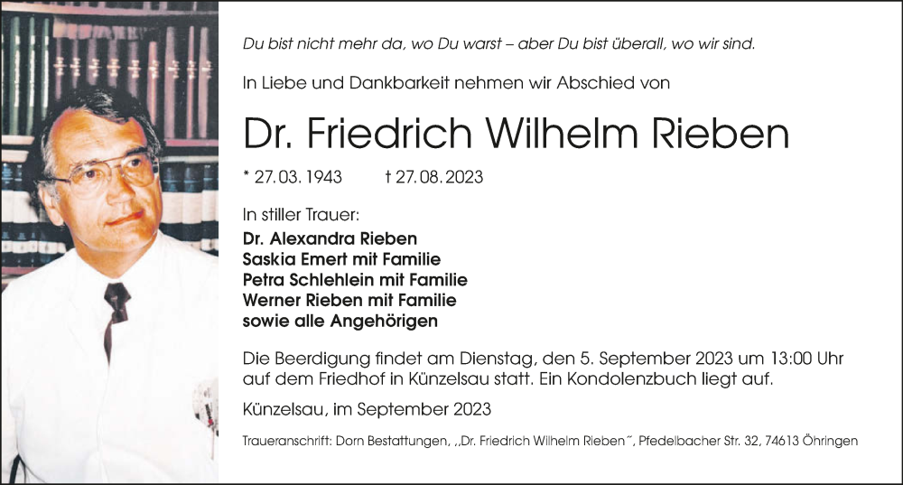  Traueranzeige für Friedrich Wilhelm Rieben vom 02.09.2023 aus GESAMT