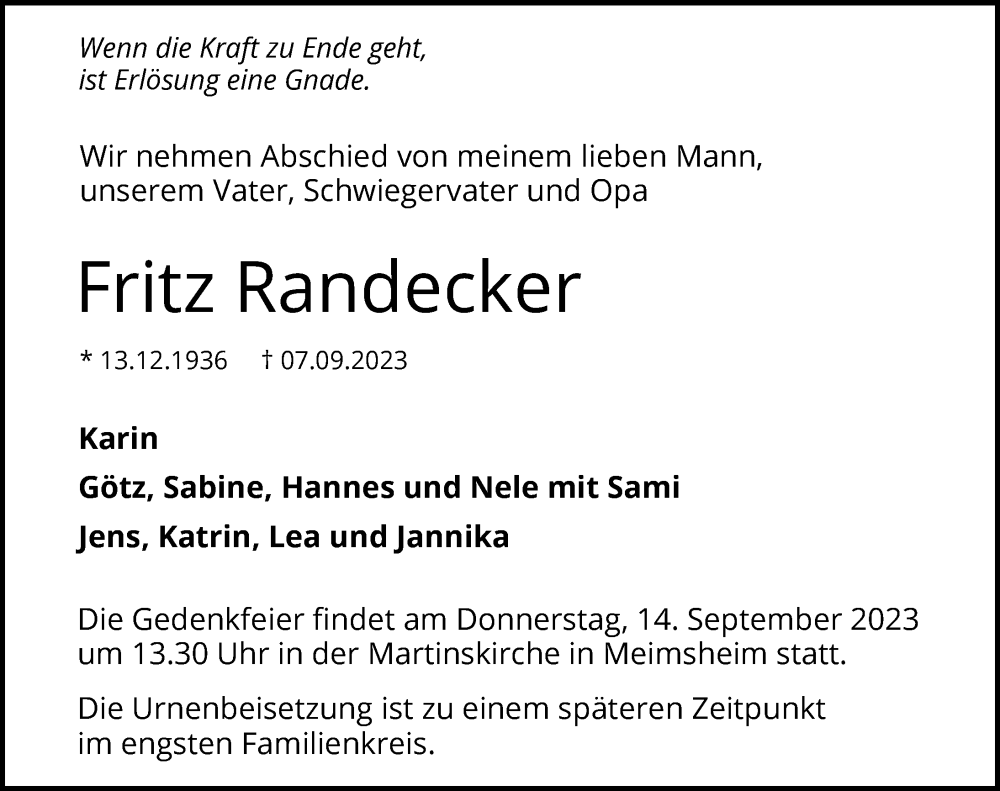  Traueranzeige für Fritz Randecker vom 12.09.2023 aus GESAMT