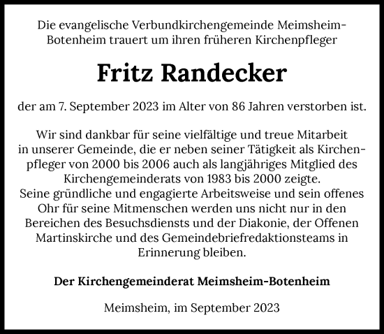Traueranzeige von Fritz Randecker von GESAMT