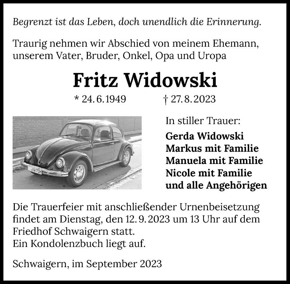  Traueranzeige für Fritz Widowski vom 07.09.2023 aus GESAMT