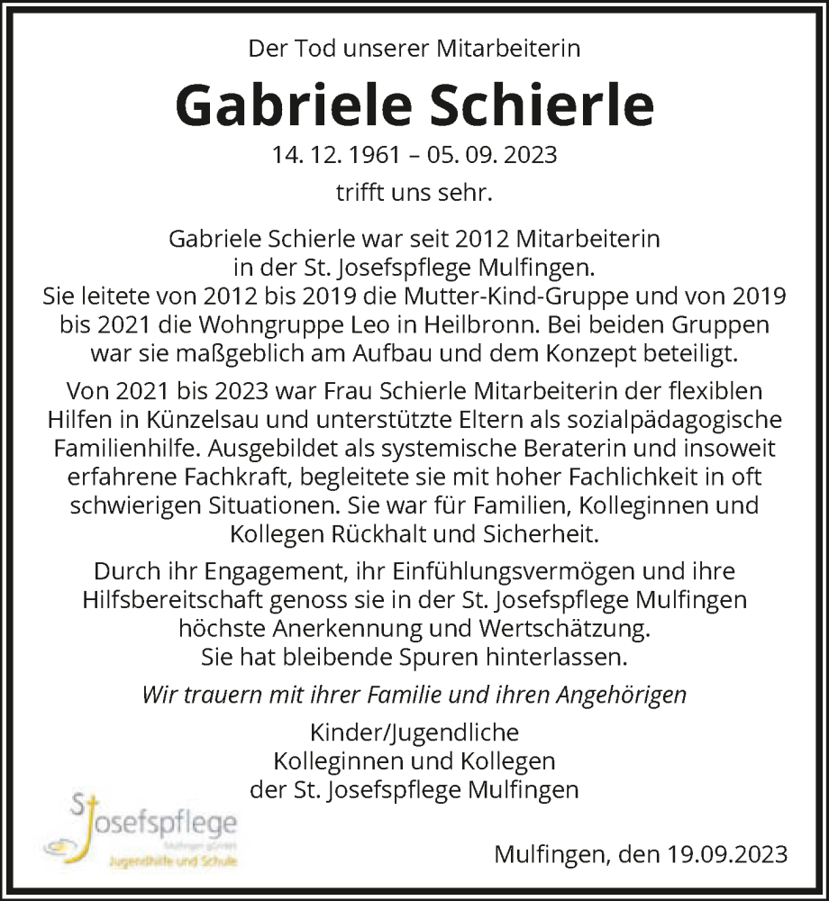  Traueranzeige für Gabriele Schierle vom 20.09.2023 aus GESAMT