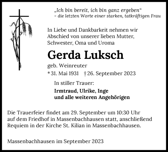 Traueranzeige von Gerda Luksch von GESAMT