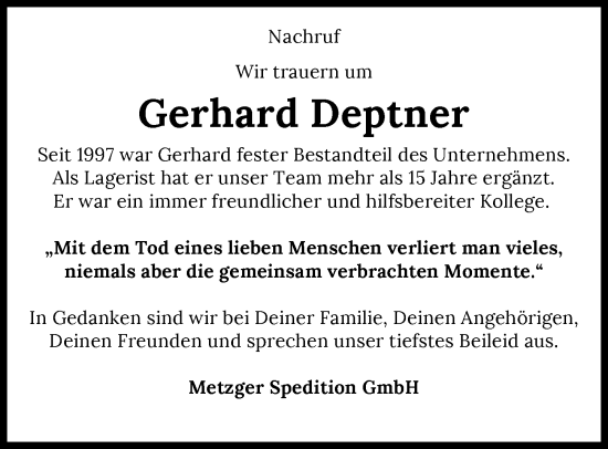 Traueranzeige von Gerhard Deptner von GESAMT