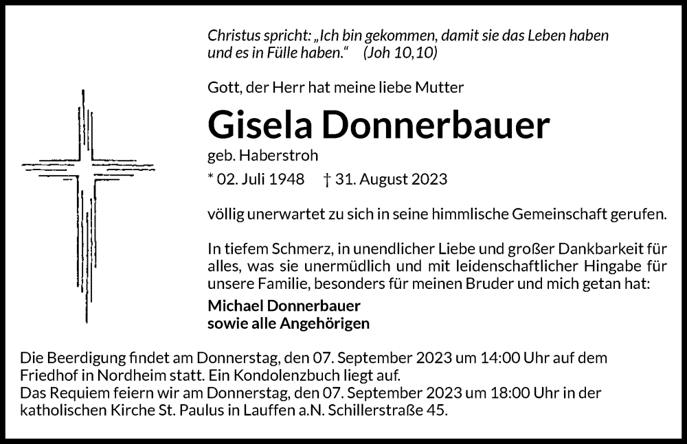  Traueranzeige für Gisela Donnerbauer vom 02.09.2023 aus GESAMT