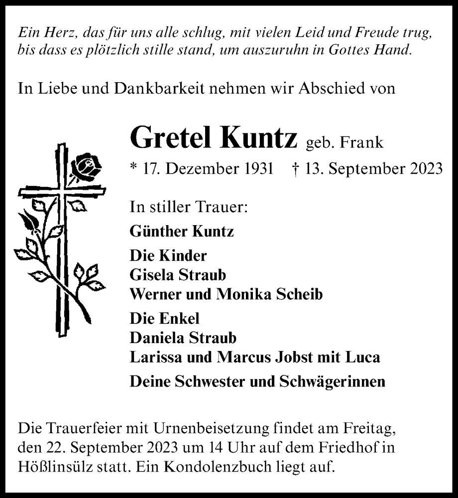  Traueranzeige für Gretel Kuntz vom 16.09.2023 aus GESAMT