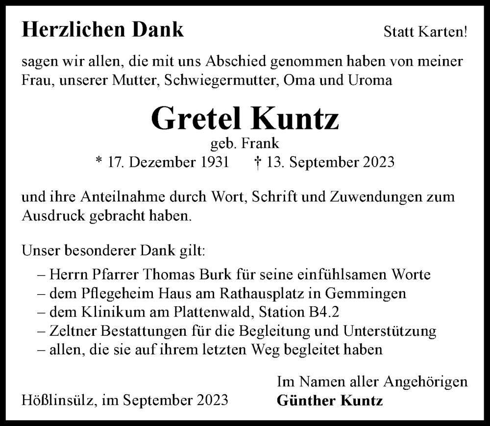  Traueranzeige für Gretel Kuntz vom 30.09.2023 aus GESAMT