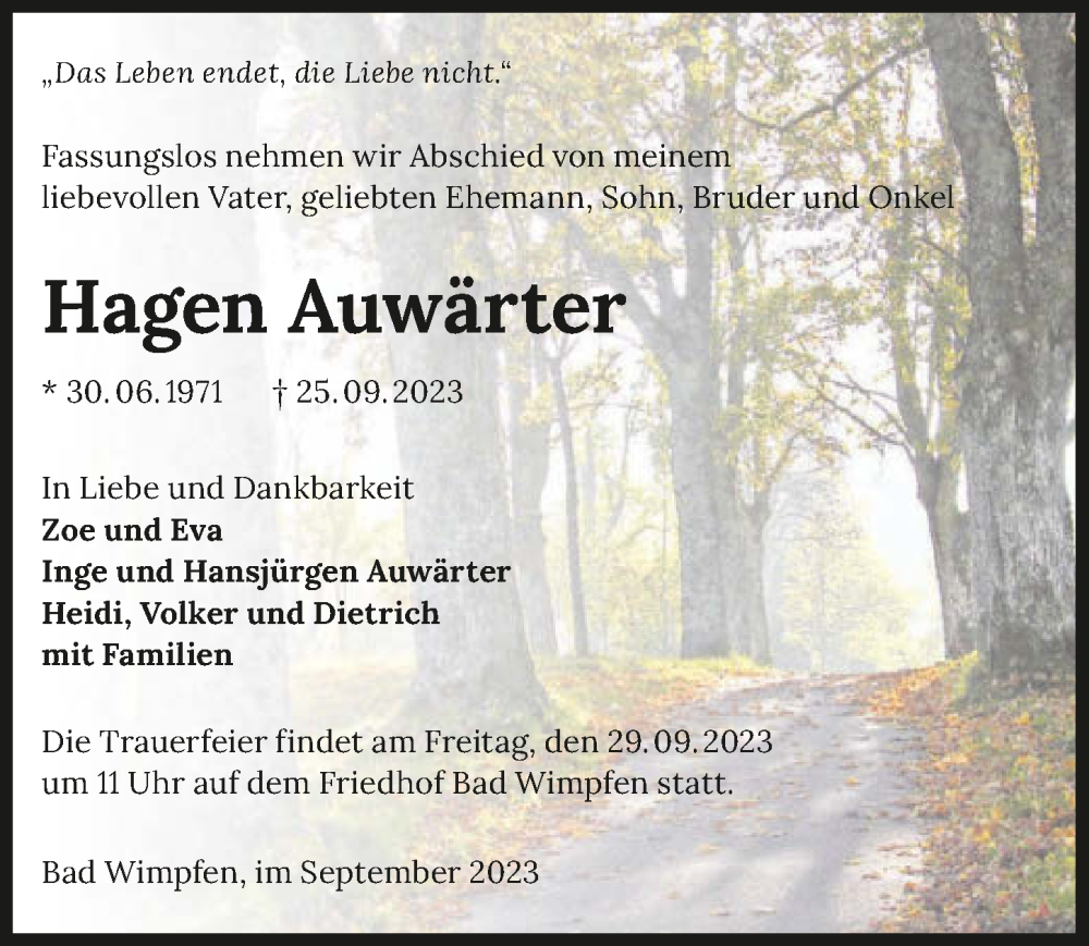  Traueranzeige für Hagen Auwärter vom 28.09.2023 aus GESAMT