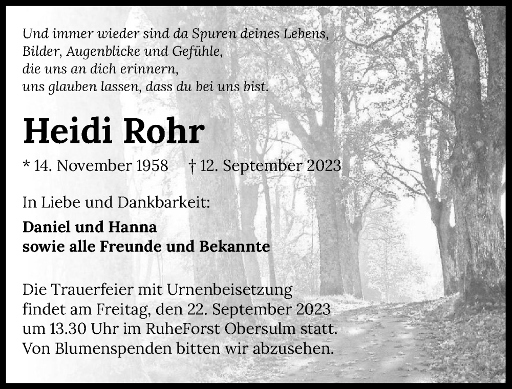  Traueranzeige für Heidi Rohr vom 16.09.2023 aus GESAMT