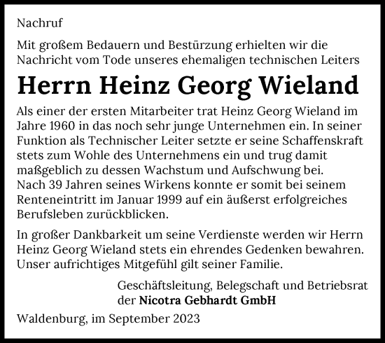 Traueranzeige von Heinz Georg Wieland von GESAMT