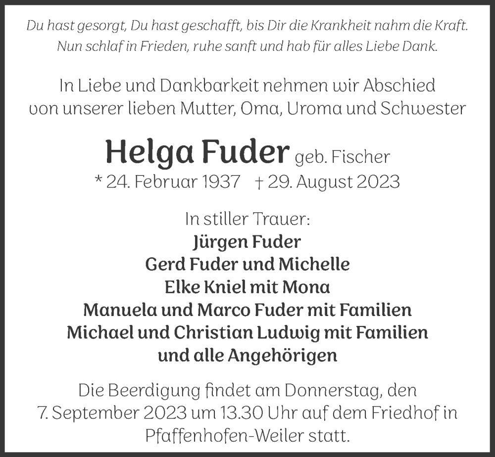  Traueranzeige für Helga Fuder vom 02.09.2023 aus GESAMT