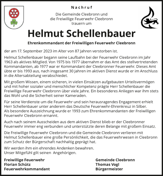 Traueranzeige von Helmut Schellenbauer von GESAMT