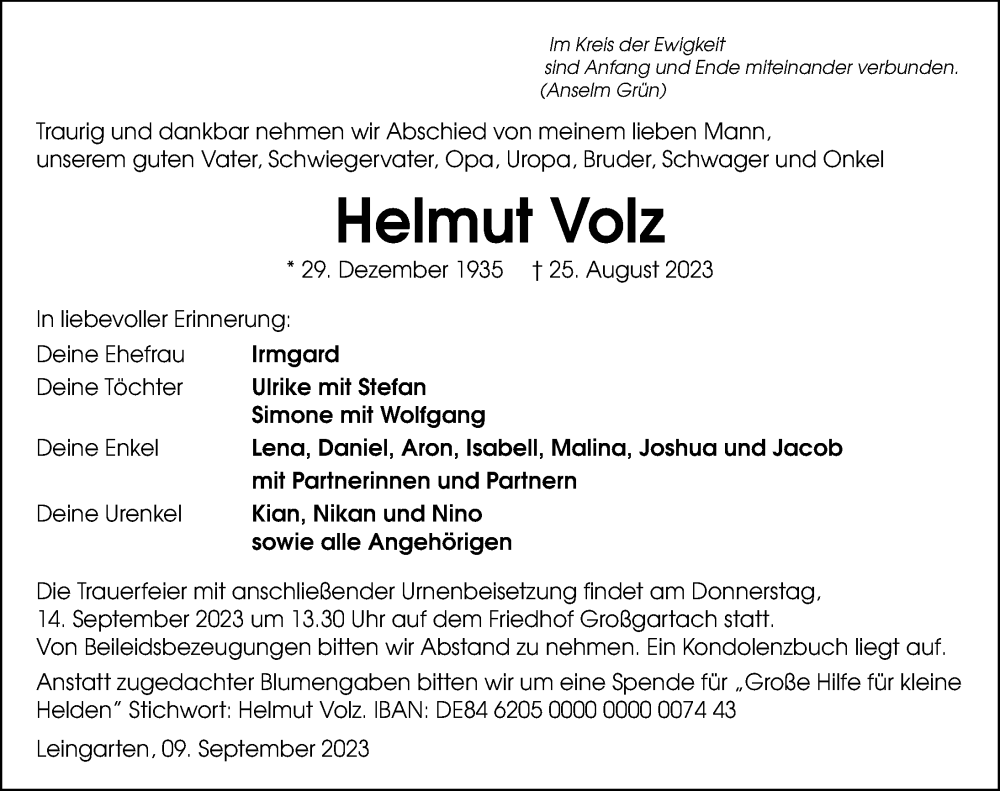  Traueranzeige für Helmut Volz vom 09.09.2023 aus GESAMT