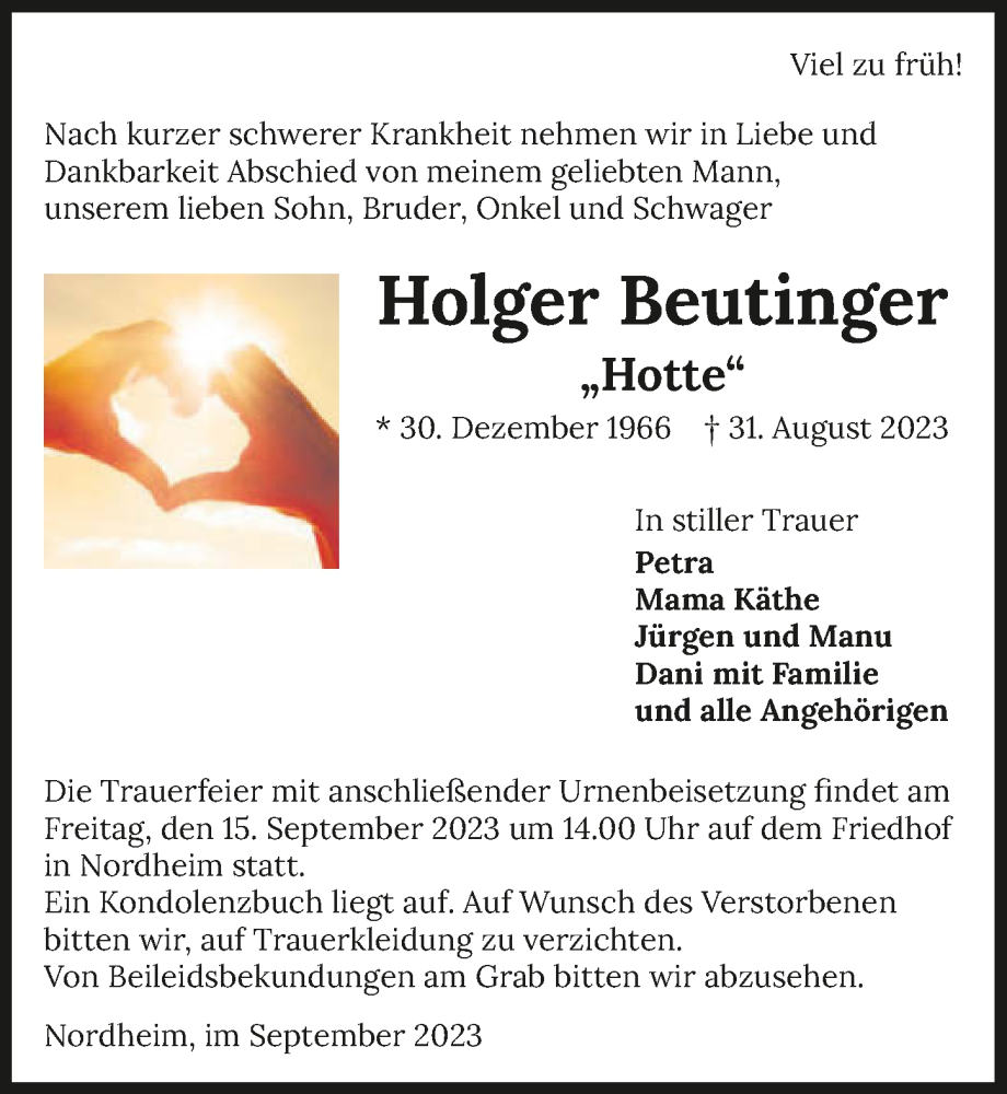  Traueranzeige für Holger Beutinger vom 09.09.2023 aus GESAMT