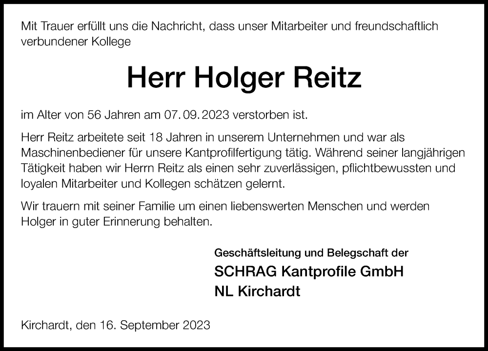  Traueranzeige für Holger Reitz vom 16.09.2023 aus GESAMT