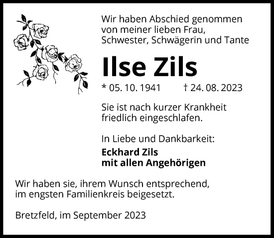 Traueranzeige von Ilse Zils von GESAMT