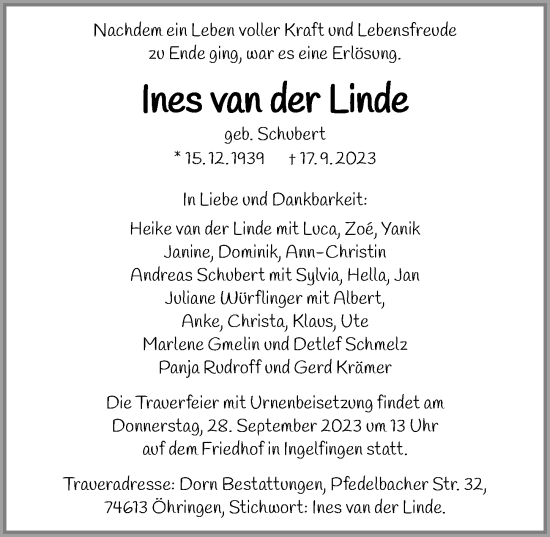 Traueranzeige von Ines van der Linde von GESAMT