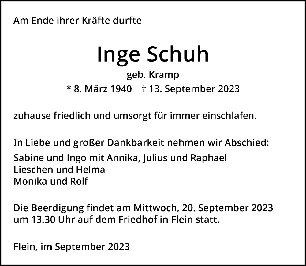  Traueranzeige für Inge Schuh vom 16.09.2023 aus GESAMT