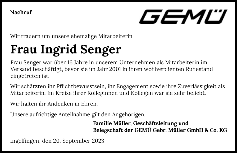  Traueranzeige für Ingrid Senger vom 20.09.2023 aus GESAMT