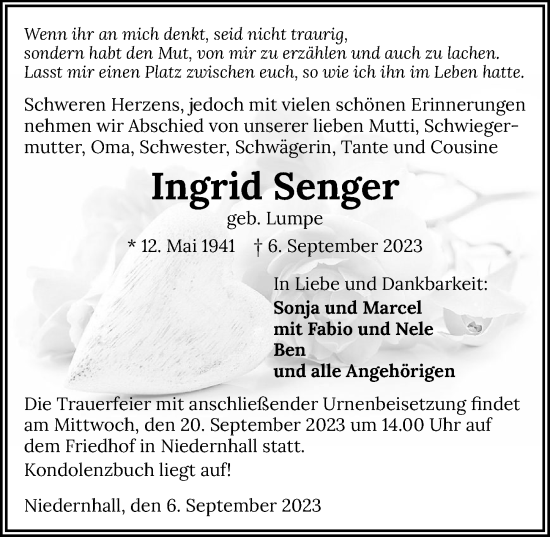 Traueranzeige von Ingrid Senger von GESAMT