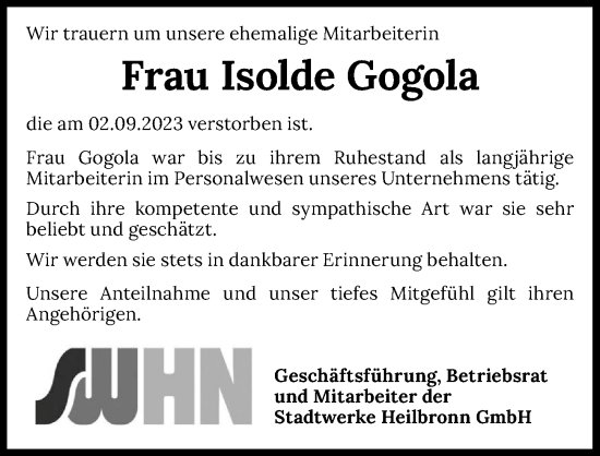 Traueranzeige von Isolde Gogola von GESAMT