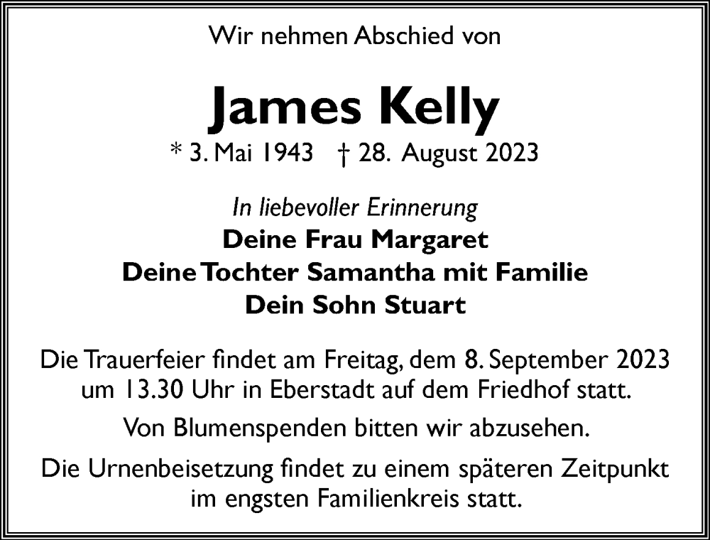  Traueranzeige für James Kelly vom 05.09.2023 aus GESAMT