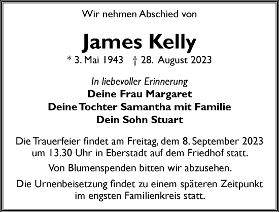 Traueranzeige von James Kelly von GESAMT