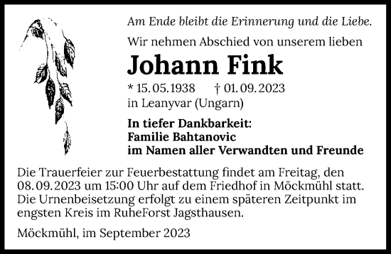 Traueranzeige von Johann Fink von GESAMT