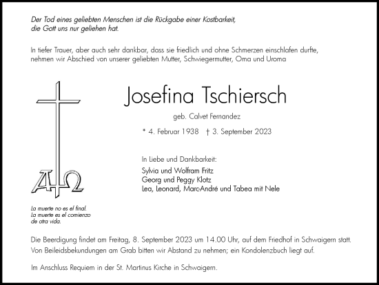 Traueranzeige von Josefifina Tschiersch von GESAMT