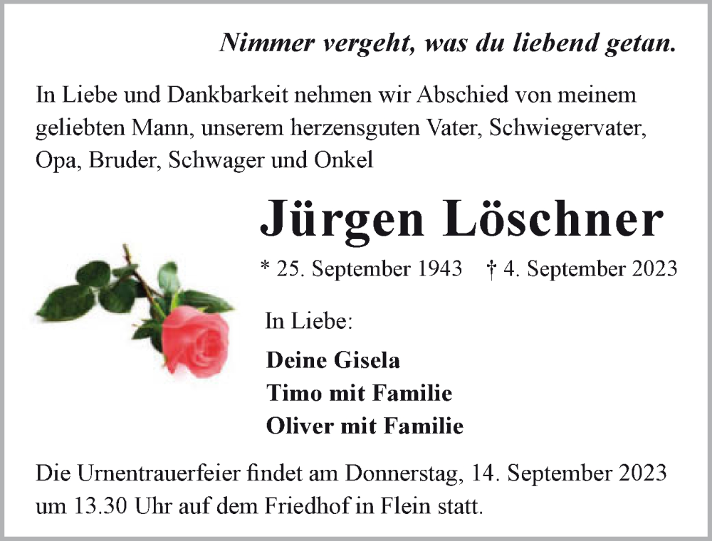  Traueranzeige für Jürgen Löschner vom 09.09.2023 aus GESAMT