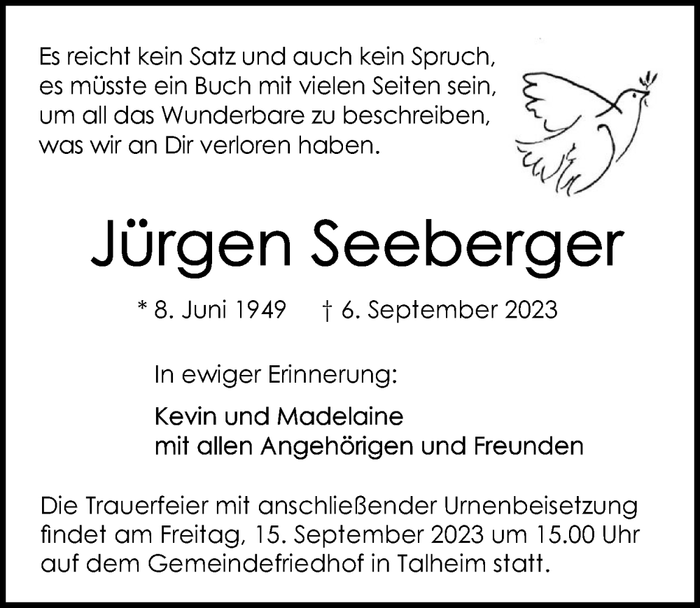  Traueranzeige für Jürgen Seeberger vom 09.09.2023 aus GESAMT