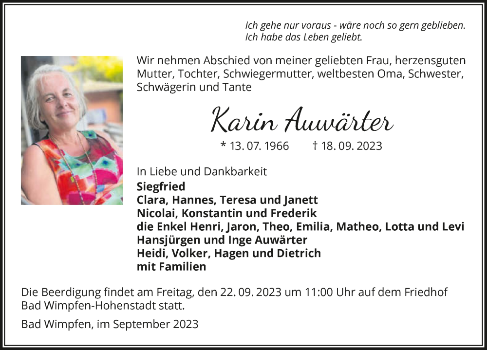 Traueranzeige für Karin Auwärter vom 21.09.2023 aus GESAMT