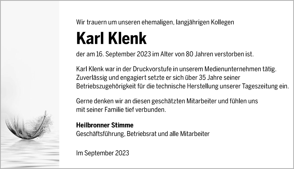  Traueranzeige für Karl Klenk vom 20.09.2023 aus GESAMT
