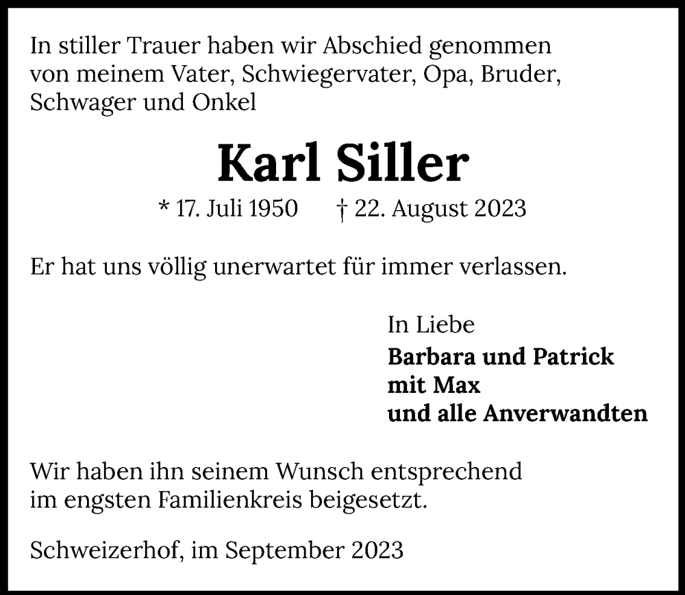  Traueranzeige für Karl Siller vom 02.09.2023 aus GESAMT