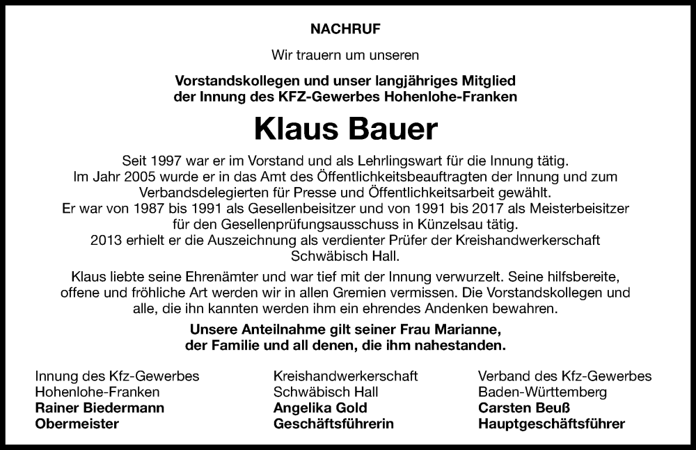  Traueranzeige für Klaus Bauer vom 20.09.2023 aus GESAMT