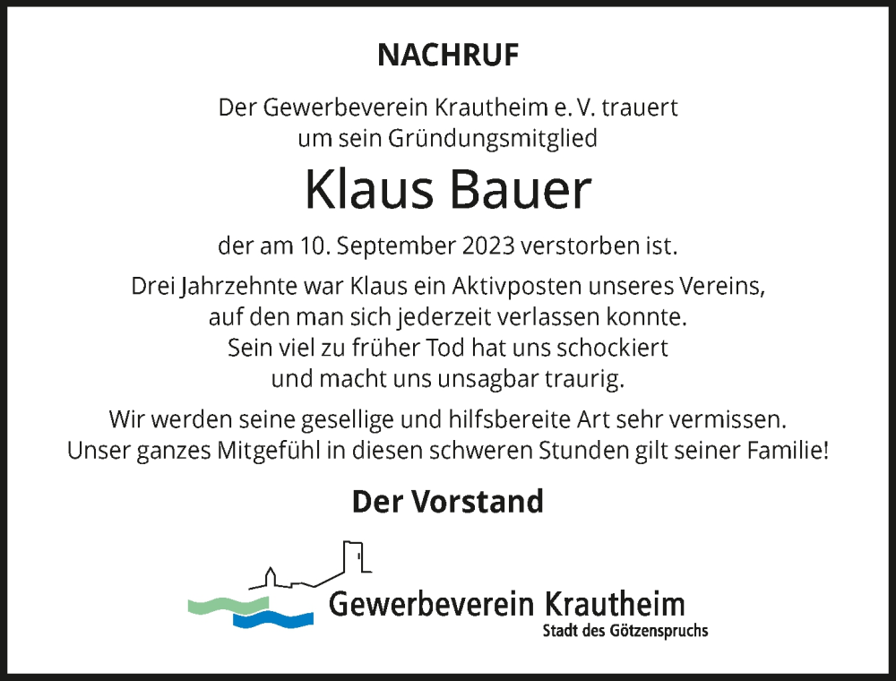 Traueranzeige für Klaus Bauer vom 16.09.2023 aus GESAMT