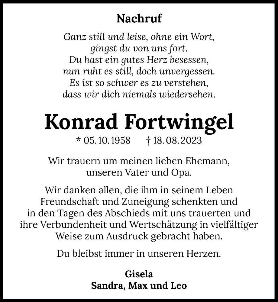  Traueranzeige für Konrad Fortwingel vom 15.09.2023 aus GESAMT