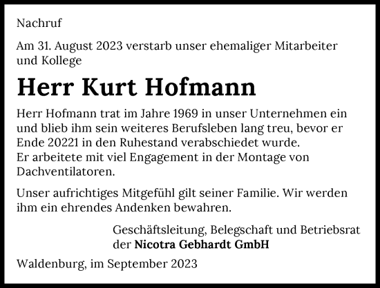 Traueranzeige von Kurt Hofmann von GESAMT