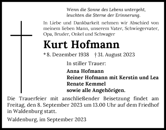 Traueranzeige von Kurt Hofmann von GESAMT