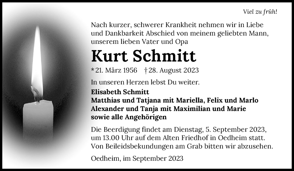  Traueranzeige für Kurt Schmitt vom 02.09.2023 aus GESAMT