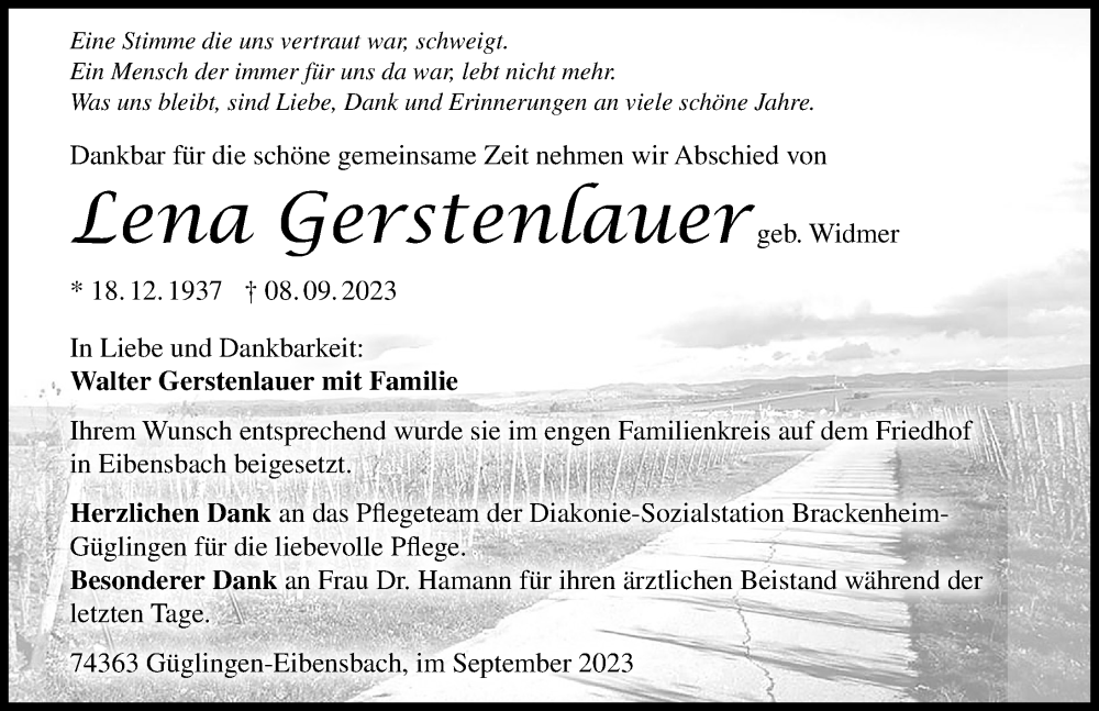  Traueranzeige für Lena Gerstenlauer vom 22.09.2023 aus GESAMT