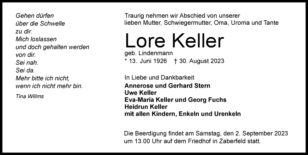 Traueranzeige für Lore Keller vom 02.09.2023 aus GESAMT