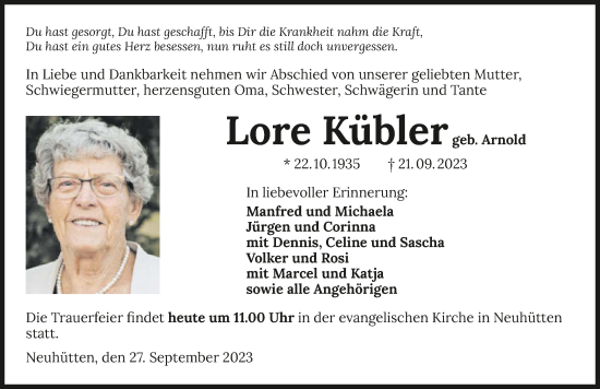 Traueranzeige von Lore Kübler von GESAMT