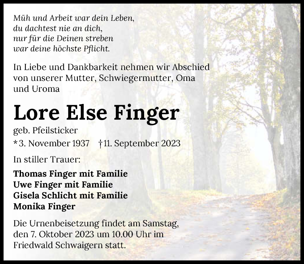  Traueranzeige für Lore Else Finger vom 30.09.2023 aus GESAMT
