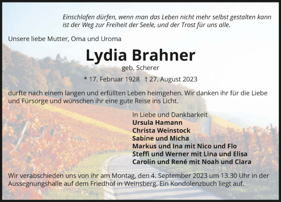 Traueranzeige von Lydia Brahner von GESAMT
