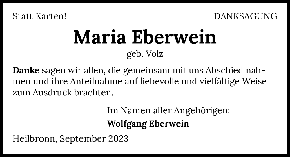  Traueranzeige für Maria Eberwein vom 12.09.2023 aus GESAMT