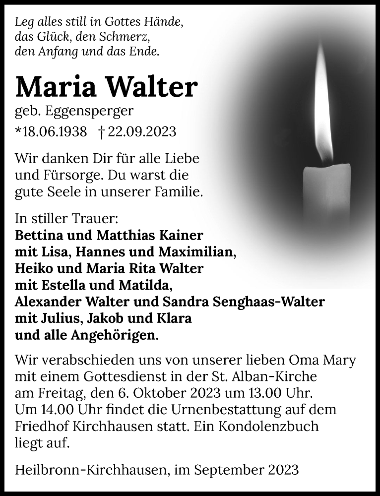  Traueranzeige für Maria Walter vom 30.09.2023 aus GESAMT