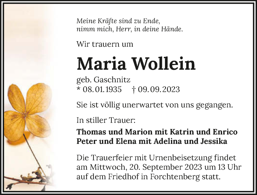 Traueranzeige für Maria Wollein vom 16.09.2023 aus GESAMT