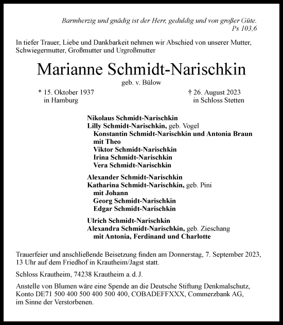 Traueranzeige von Marianne Schmidt-Narischkin von GESAMT
