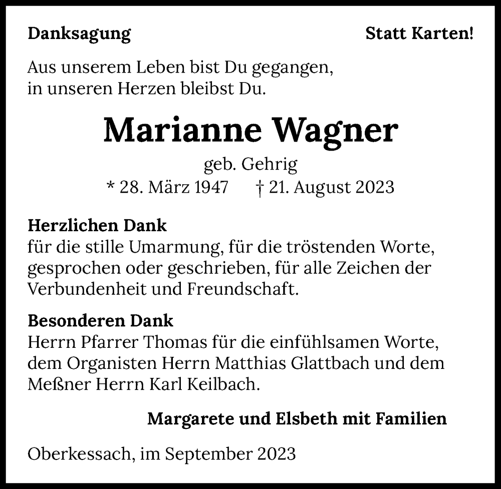  Traueranzeige für Marianne Wagner vom 30.09.2023 aus GESAMT